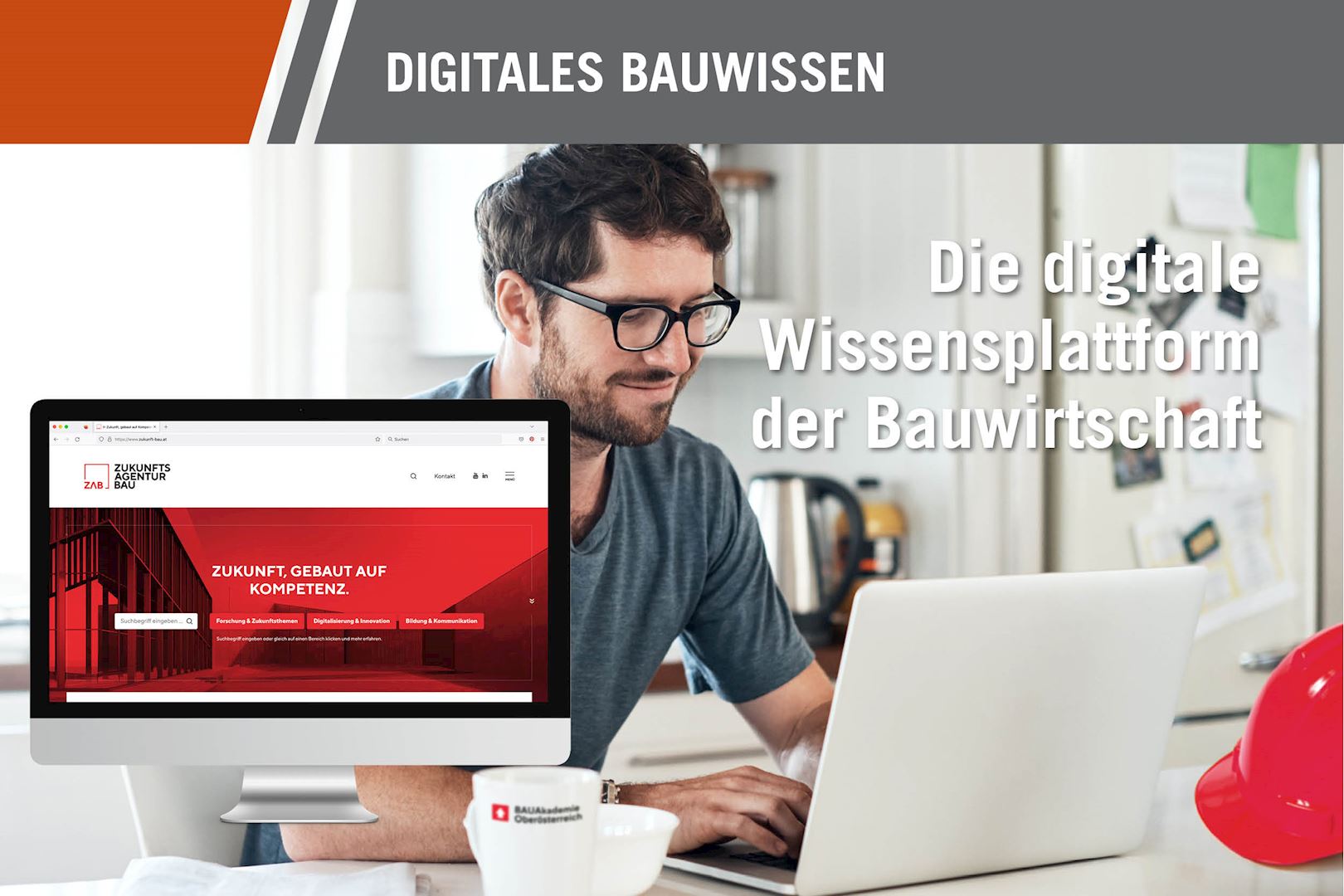 Diese Grafik zeigt eine digitale Wissensplattform für die Bauwirtschaft mit dem Motto "Zukunft, gebaut auf Kompetenz". Der Fokus liegt auf Forschung, Innovation und Weiterbildung.